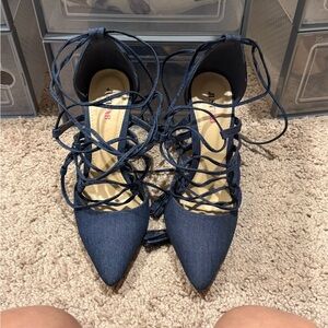 Lace-Up Pointed Toe Heels in Navy